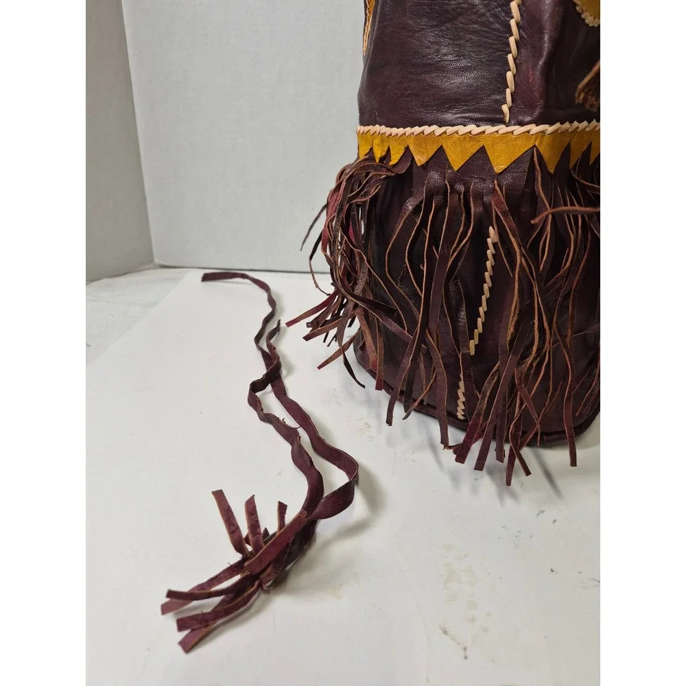 Vintage Handmade Leather Fringe Medicine Bag Drawstring Pouch Burgundy Boho